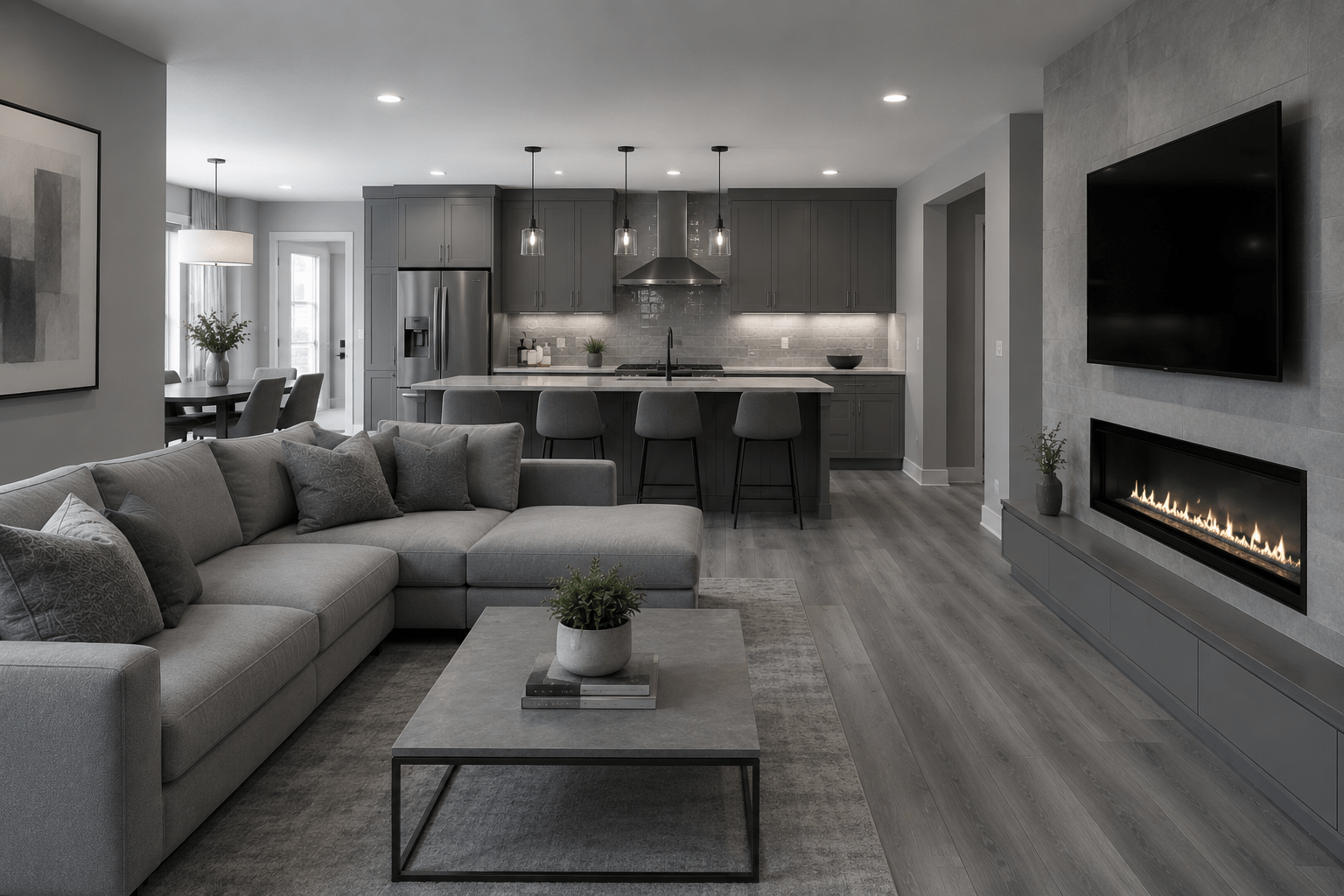 All gray renovation trend with gray floors, gray cabinets and cold interior design