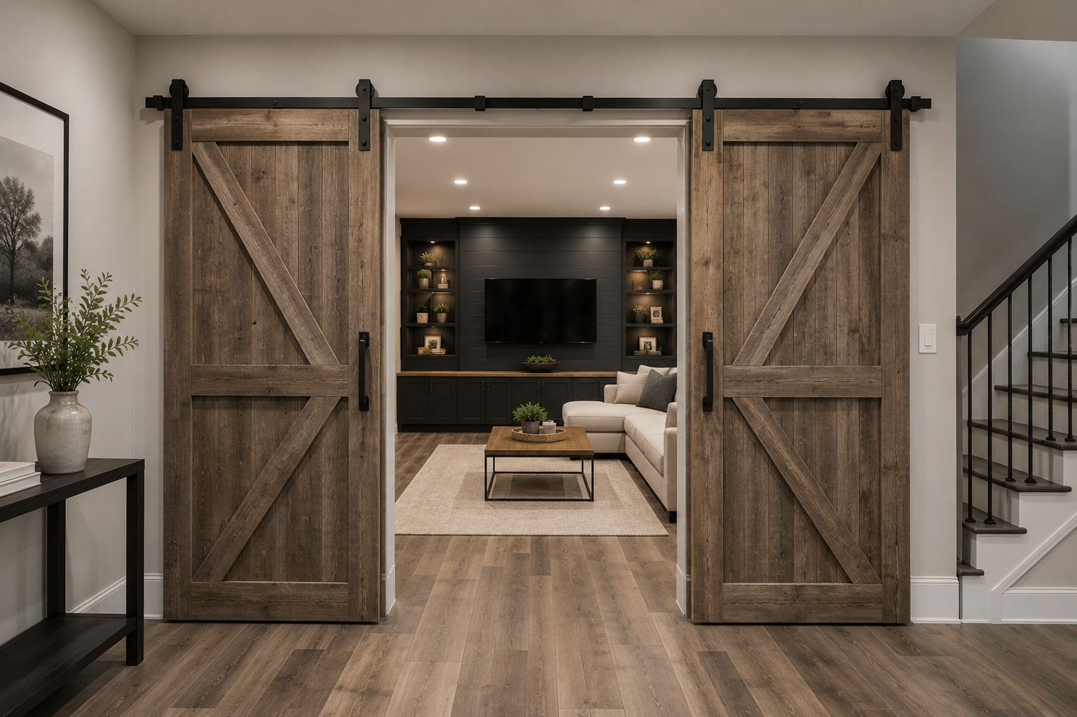 Rustic barn door renovation trend in a modern home interior