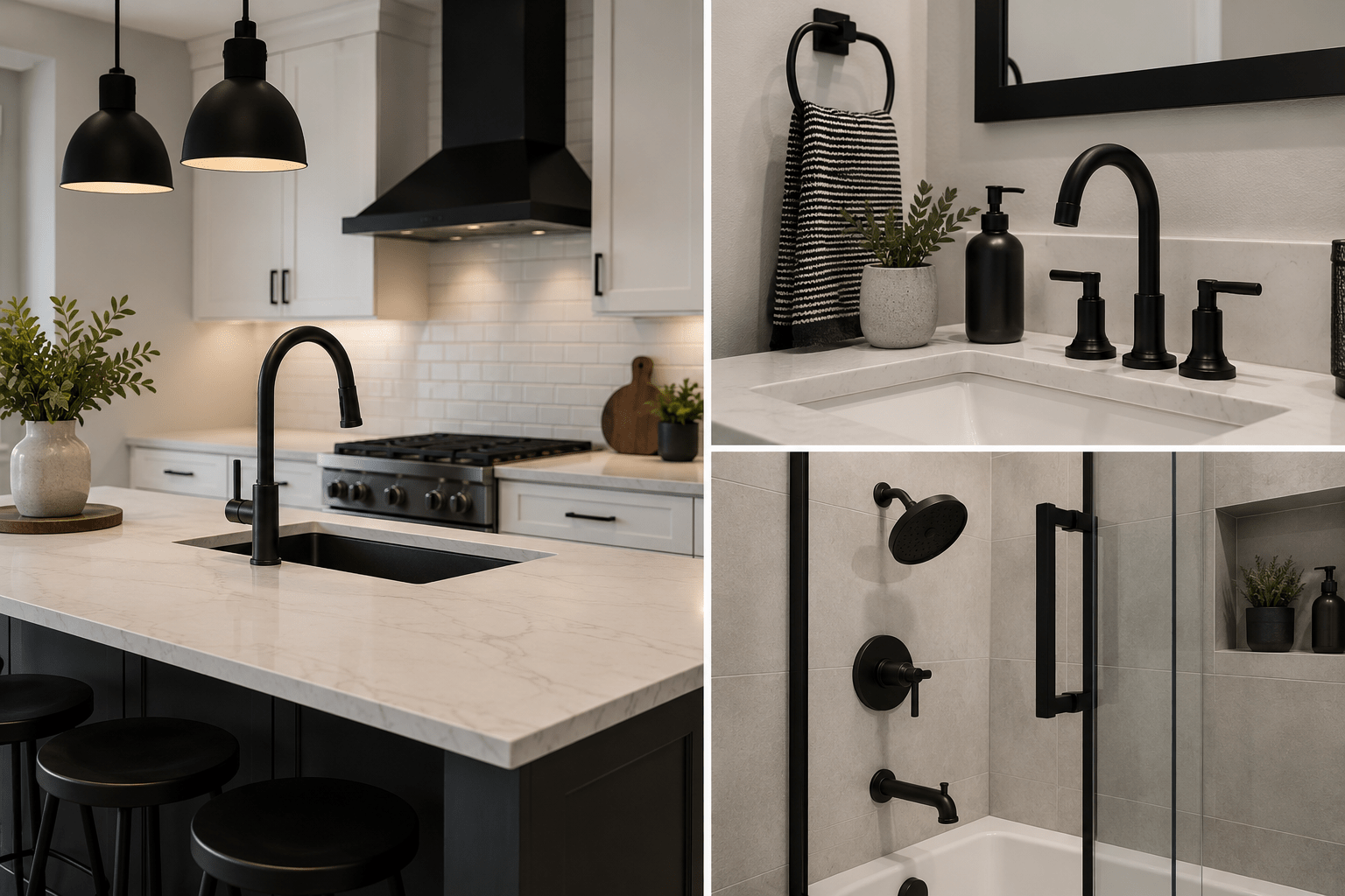 Black bathroom and kitchen fixtures trend with matte black faucet and hardware