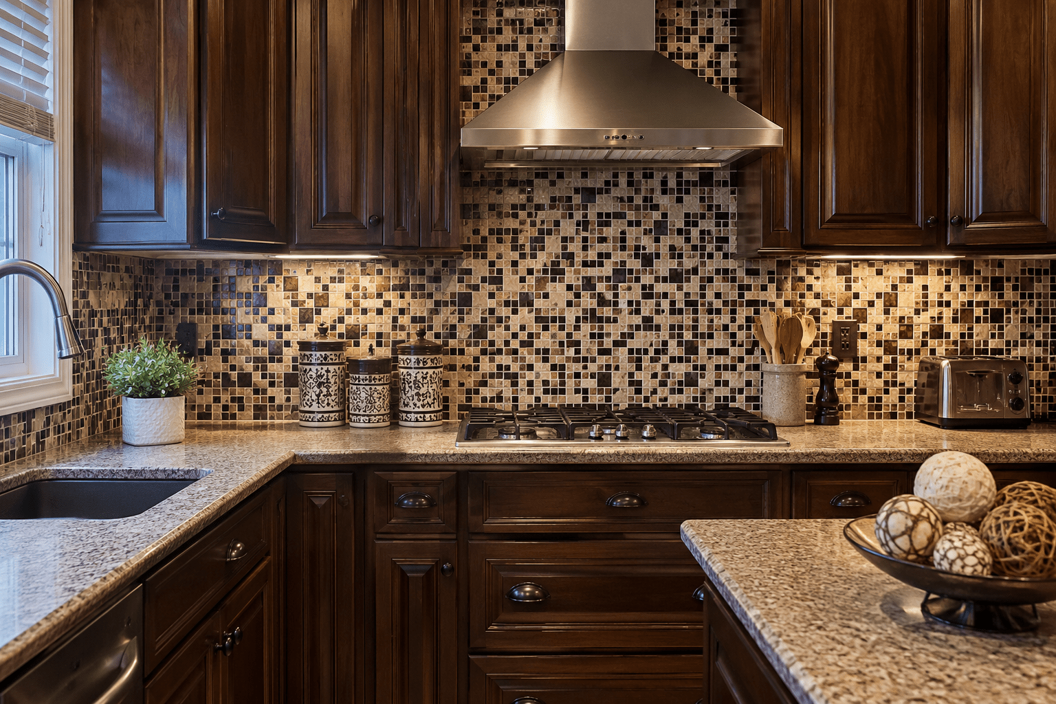 Busy mosaic backsplash renovation trend in an outdated kitchen