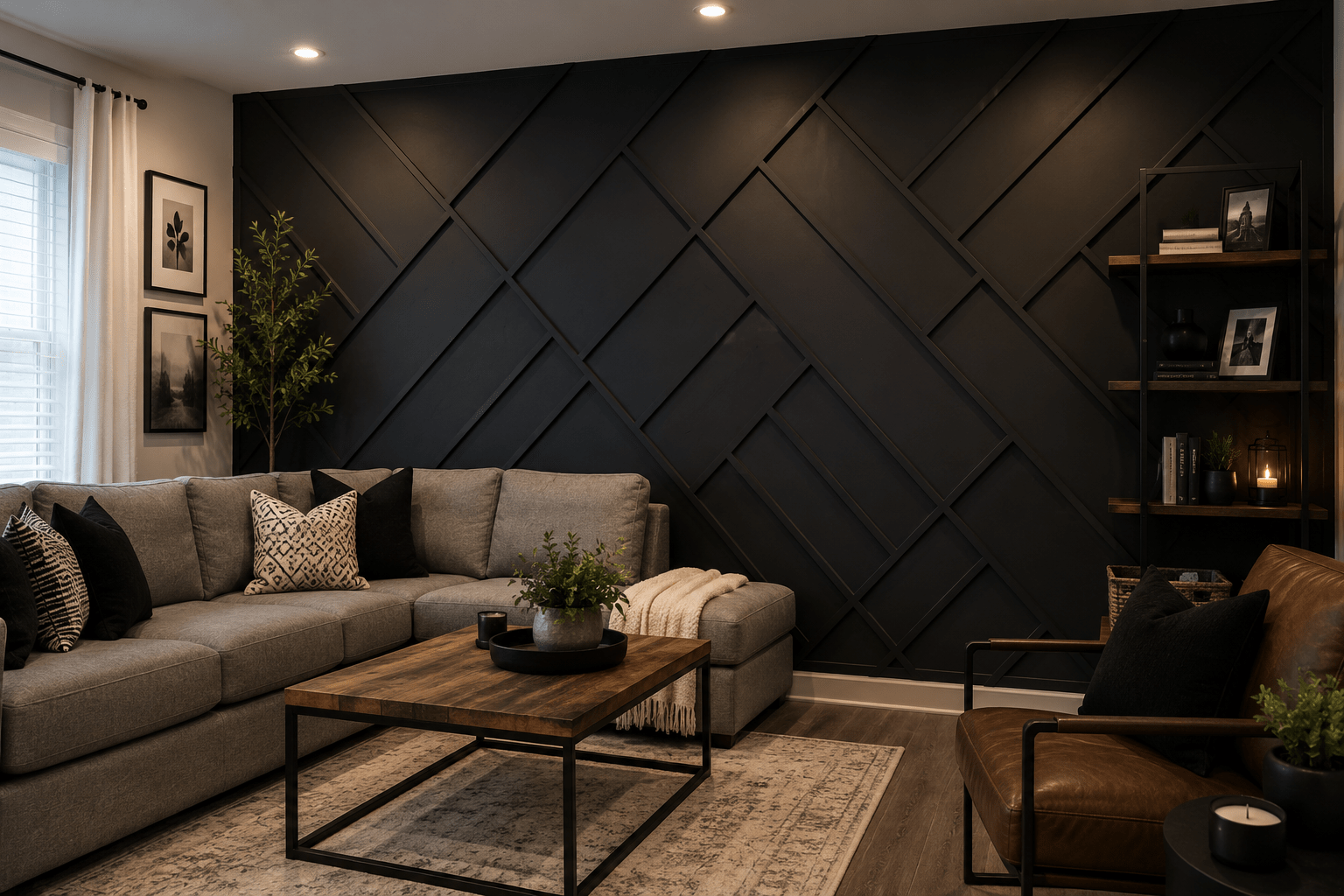 Dark geometric accent wall renovation trend in a living room