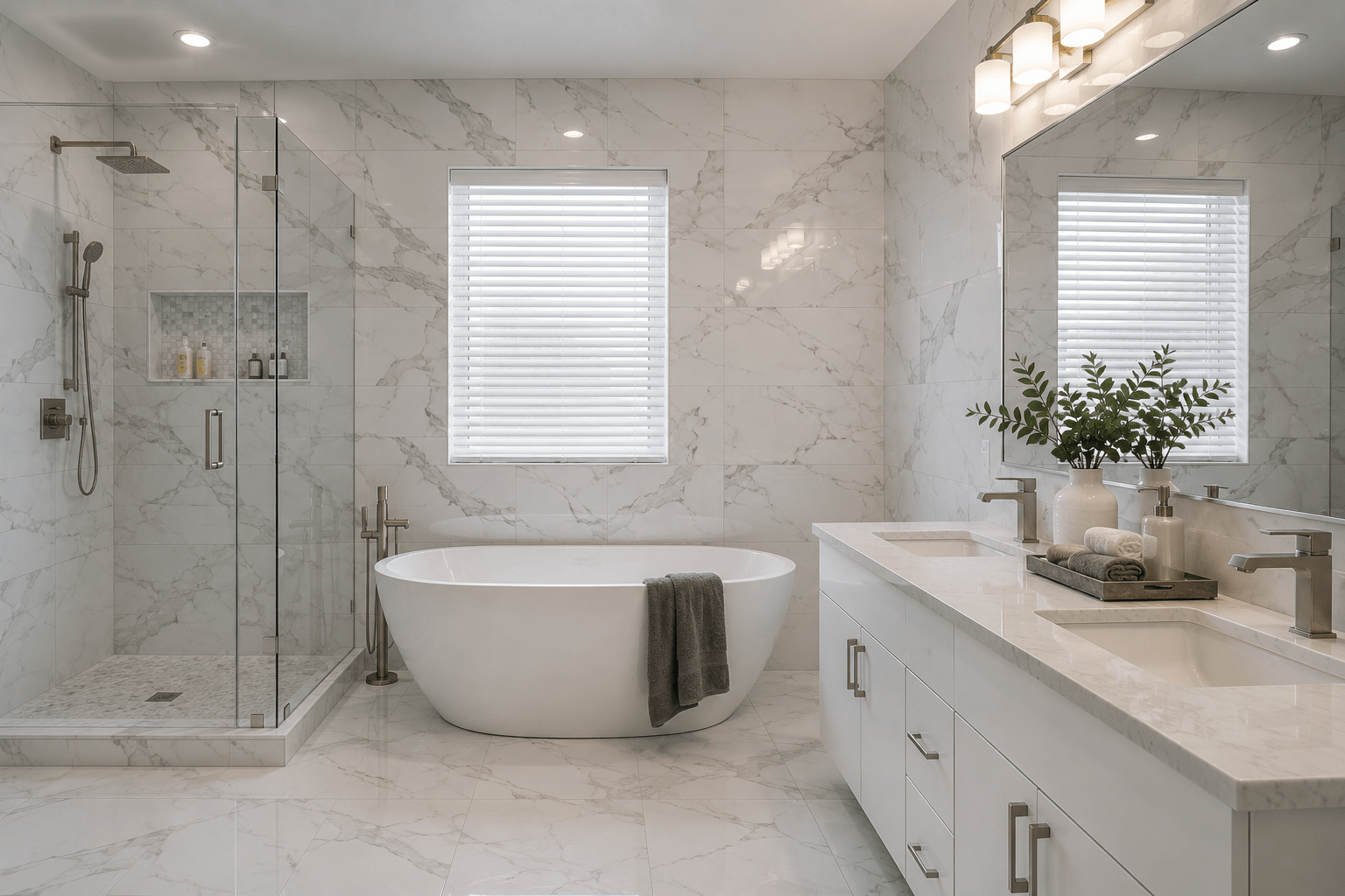 Fake marble bathroom trend with marble-look tiles on walls and floors