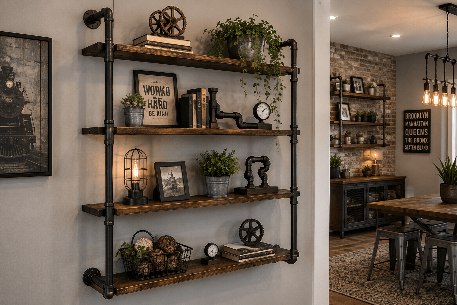 Industrial pipe decor trend with black metal pipe shelving in home interior