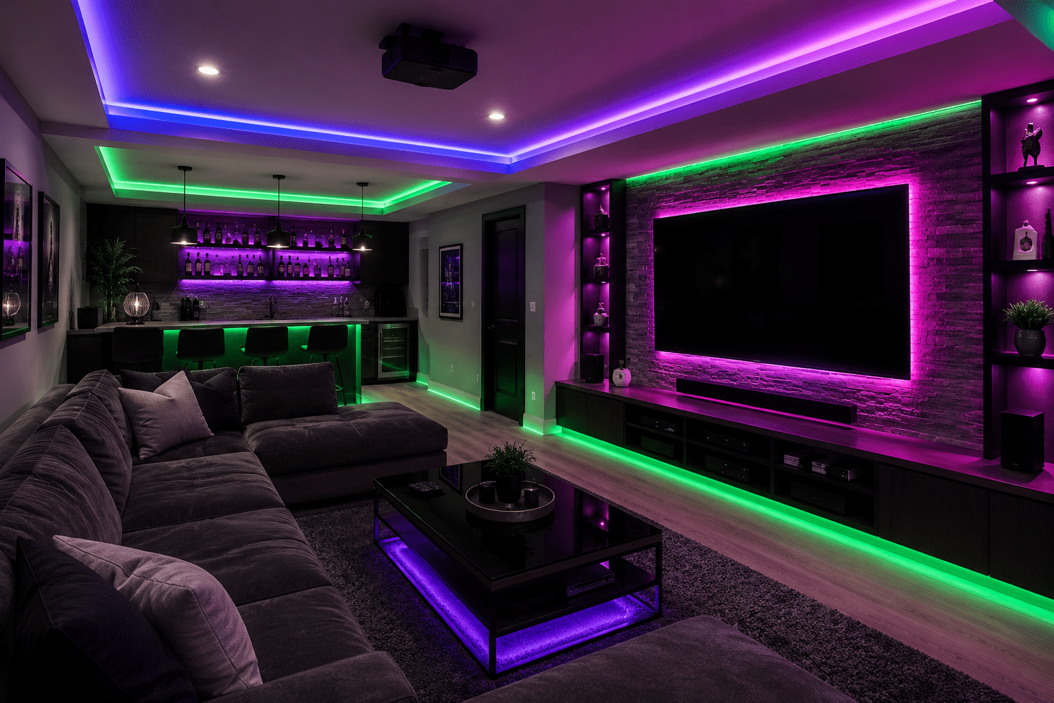 LED strip lighting overload in a modern basement entertainment room