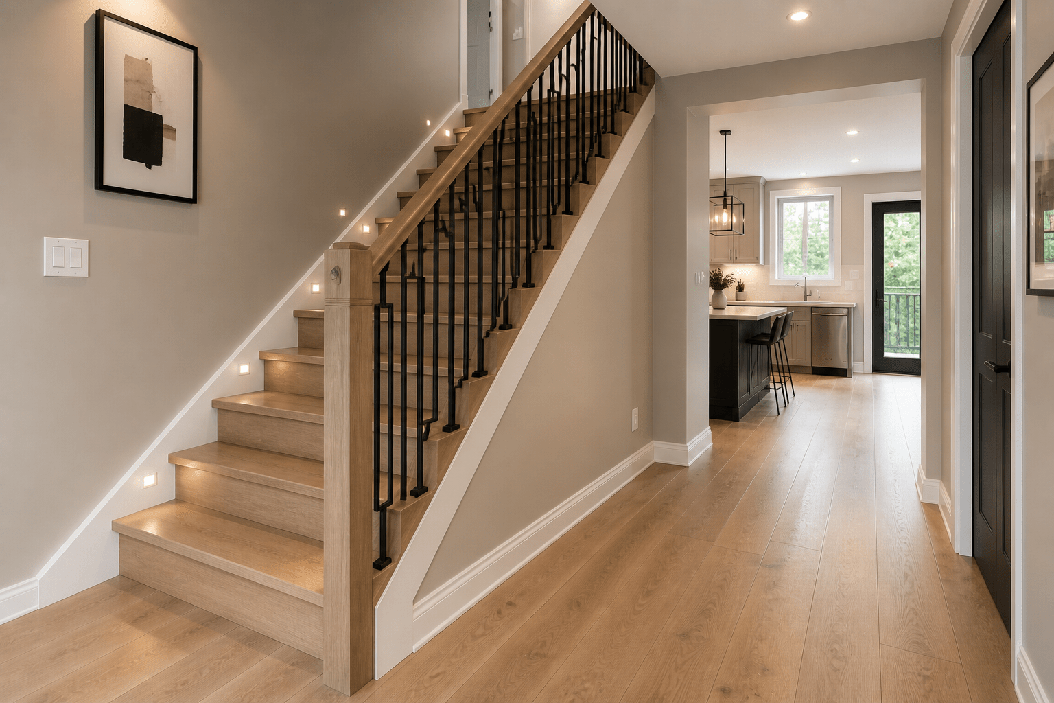 Modern wood stairs and flooring after renovation