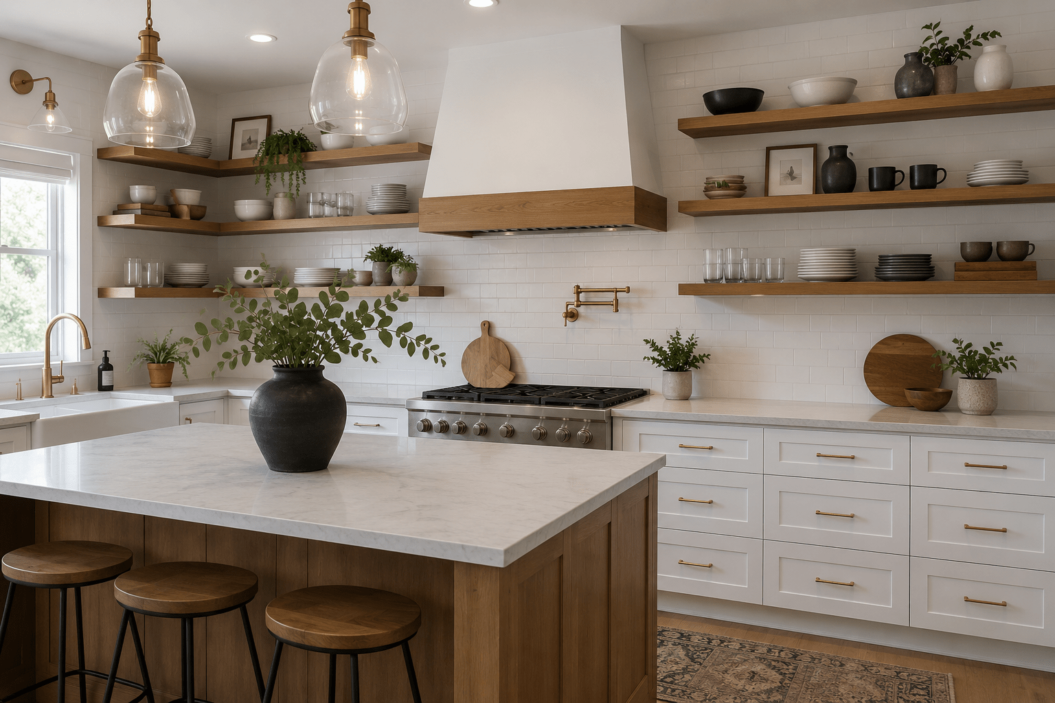 Open shelving kitchen renovation trend with exposed dishes and decor