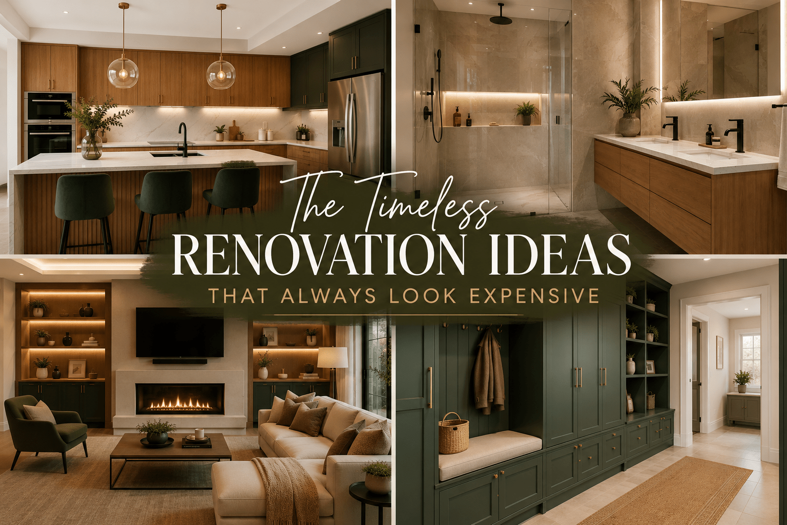 Luxury renovation inspiration collage featuring timeless kitchen, bathroom, living room and custom mudroom designs