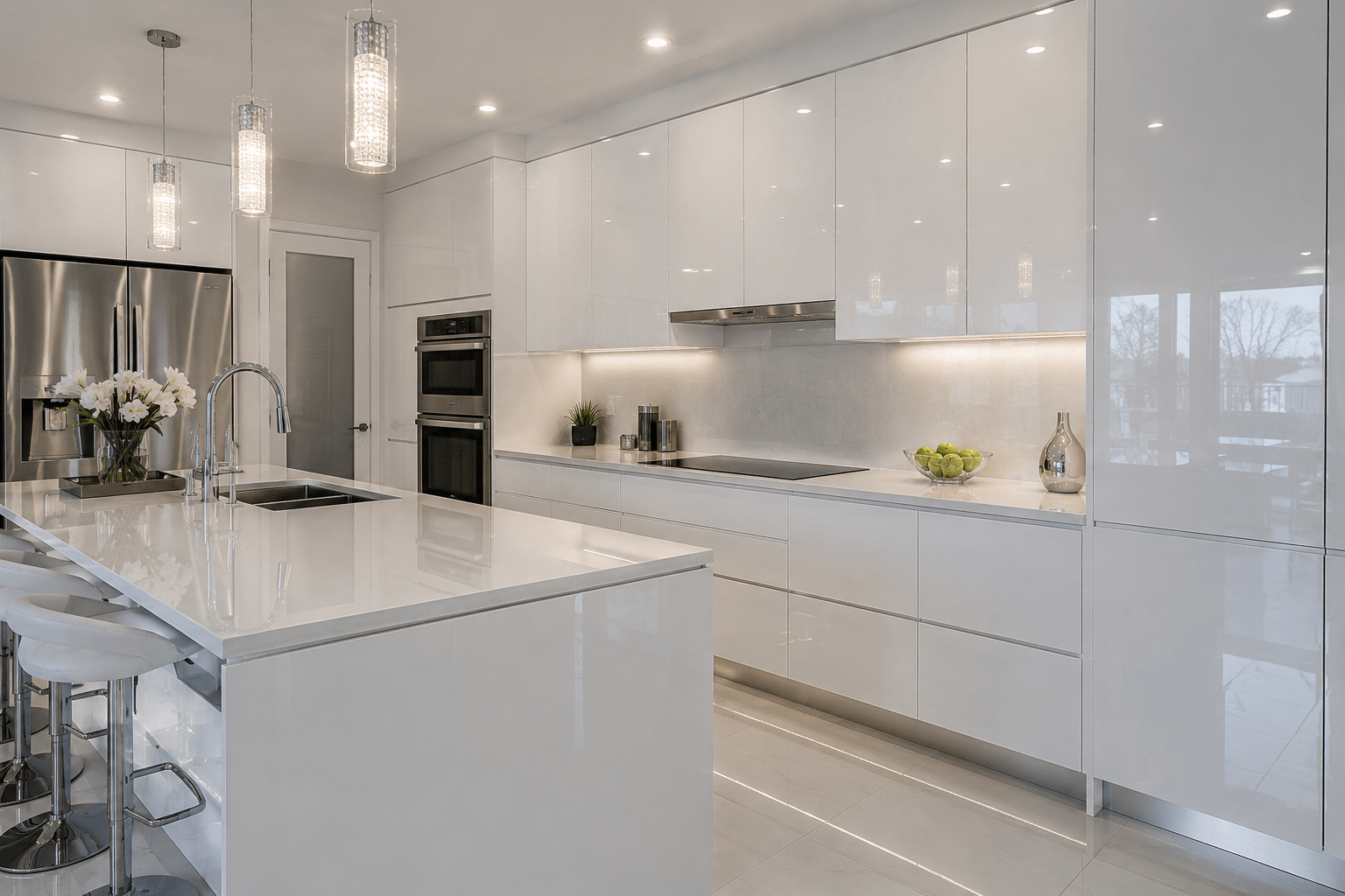 Ultra glossy white kitchen cabinets trend with reflective modern finishes