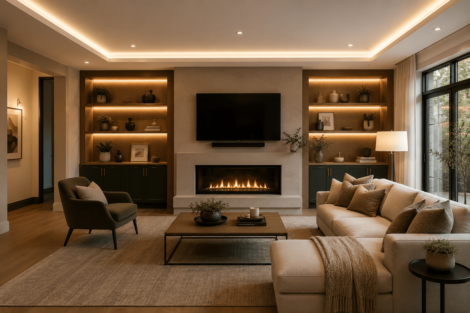 Warm living room renovation with layered lighting