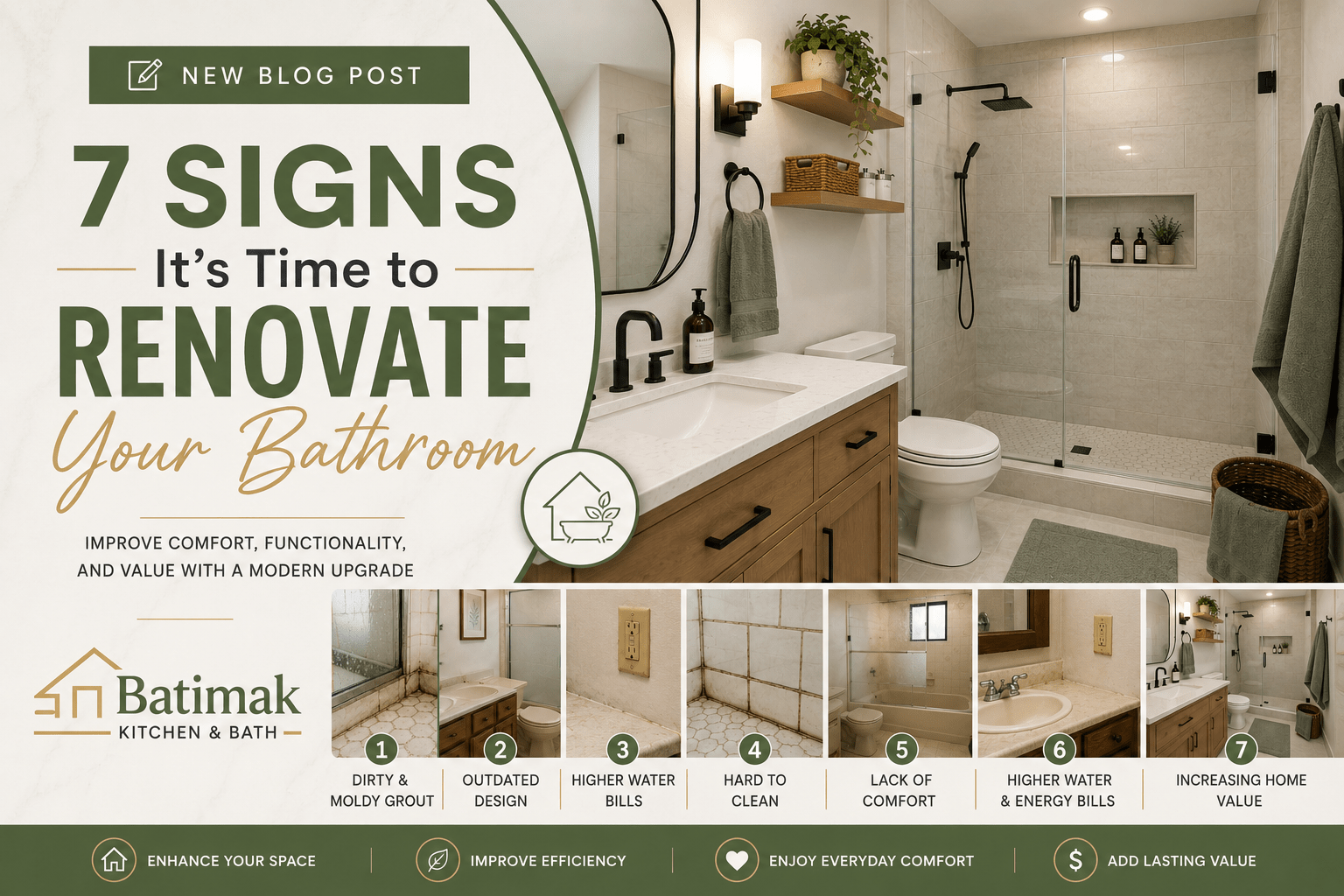 Feature image for a bathroom renovation blog post showing a modern bathroom alongside common signs that indicate it is time to renovate.