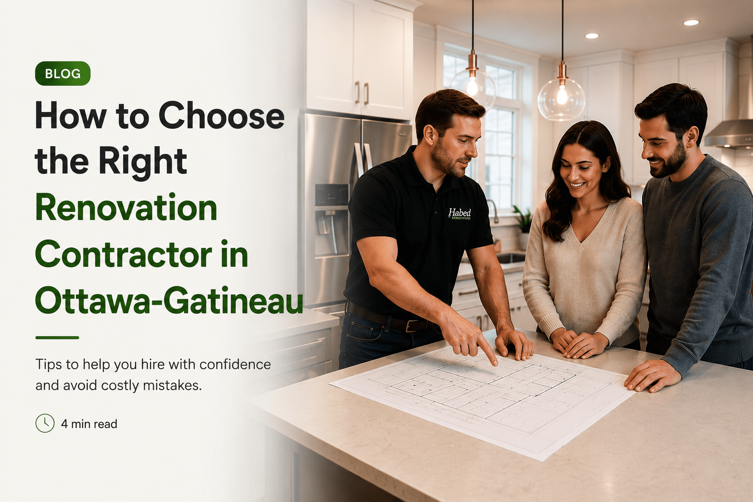 Homeowners meeting with a Habed Renovations contractor to review renovation plans for a kitchen remodeling project in Ottawa and Gatineau.