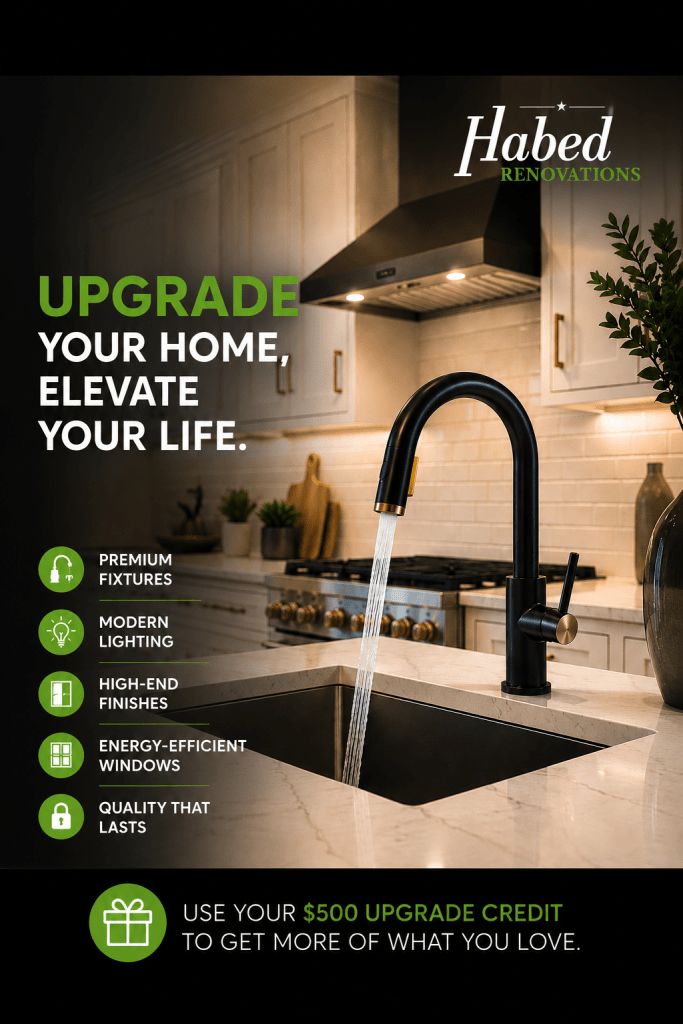 Modern luxury kitchen renovation with premium faucet upgrade, designer finishes, upgraded range hood and $500 kitchen improvement credit from Habed Renovation.