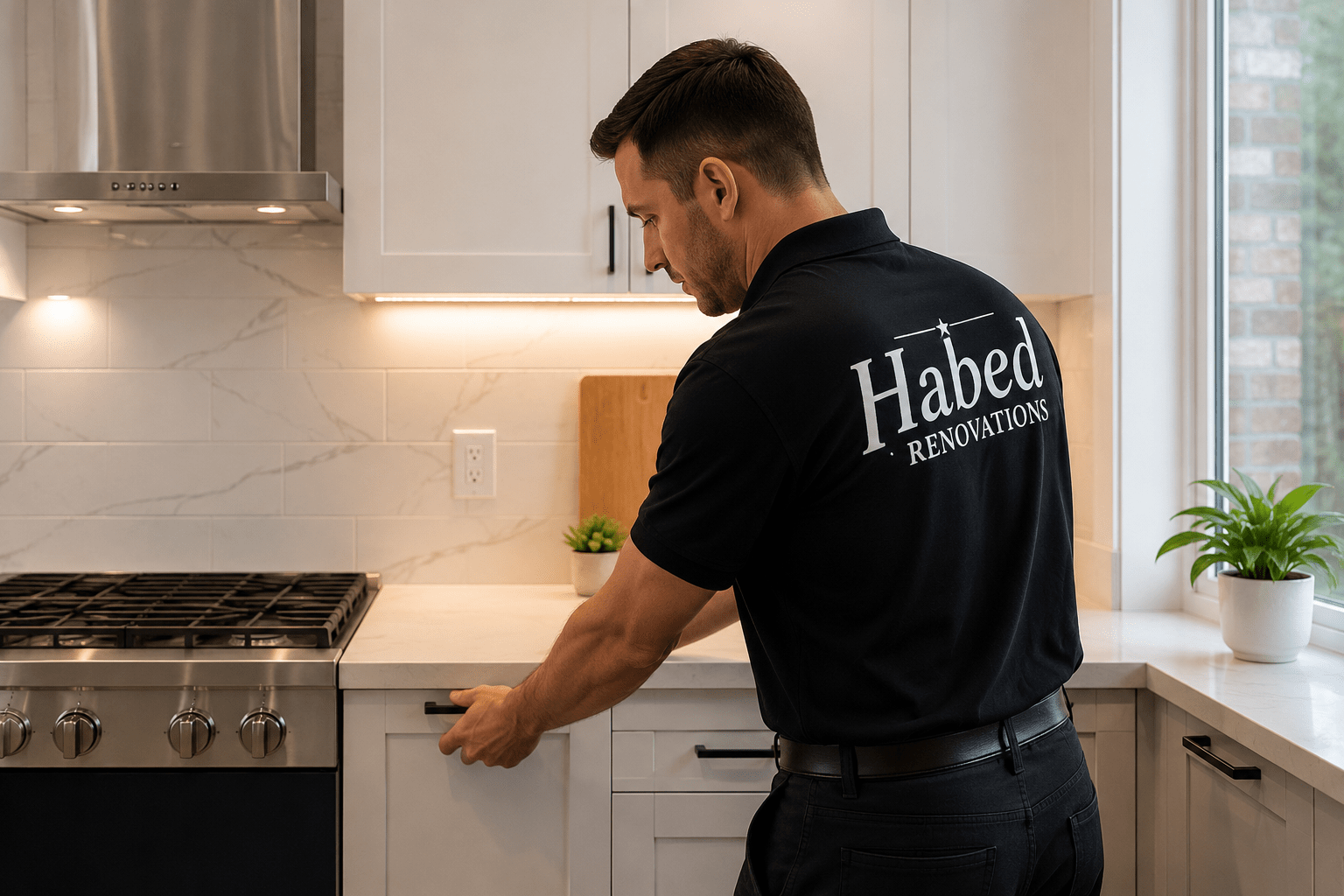 Renovation contractor verifying workmanship in a modern kitchen