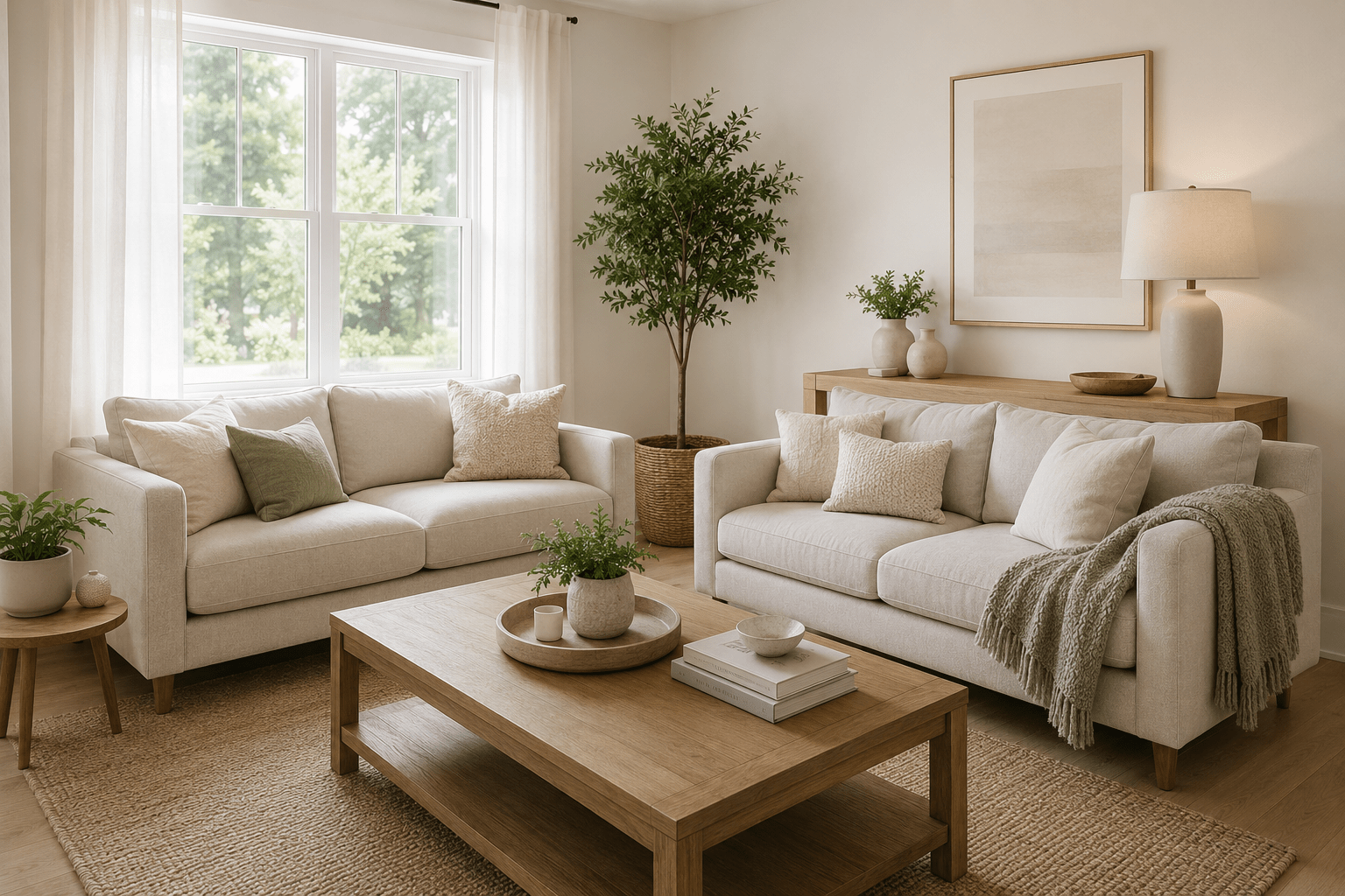Bright and decluttered living room staged to help a home sell faster