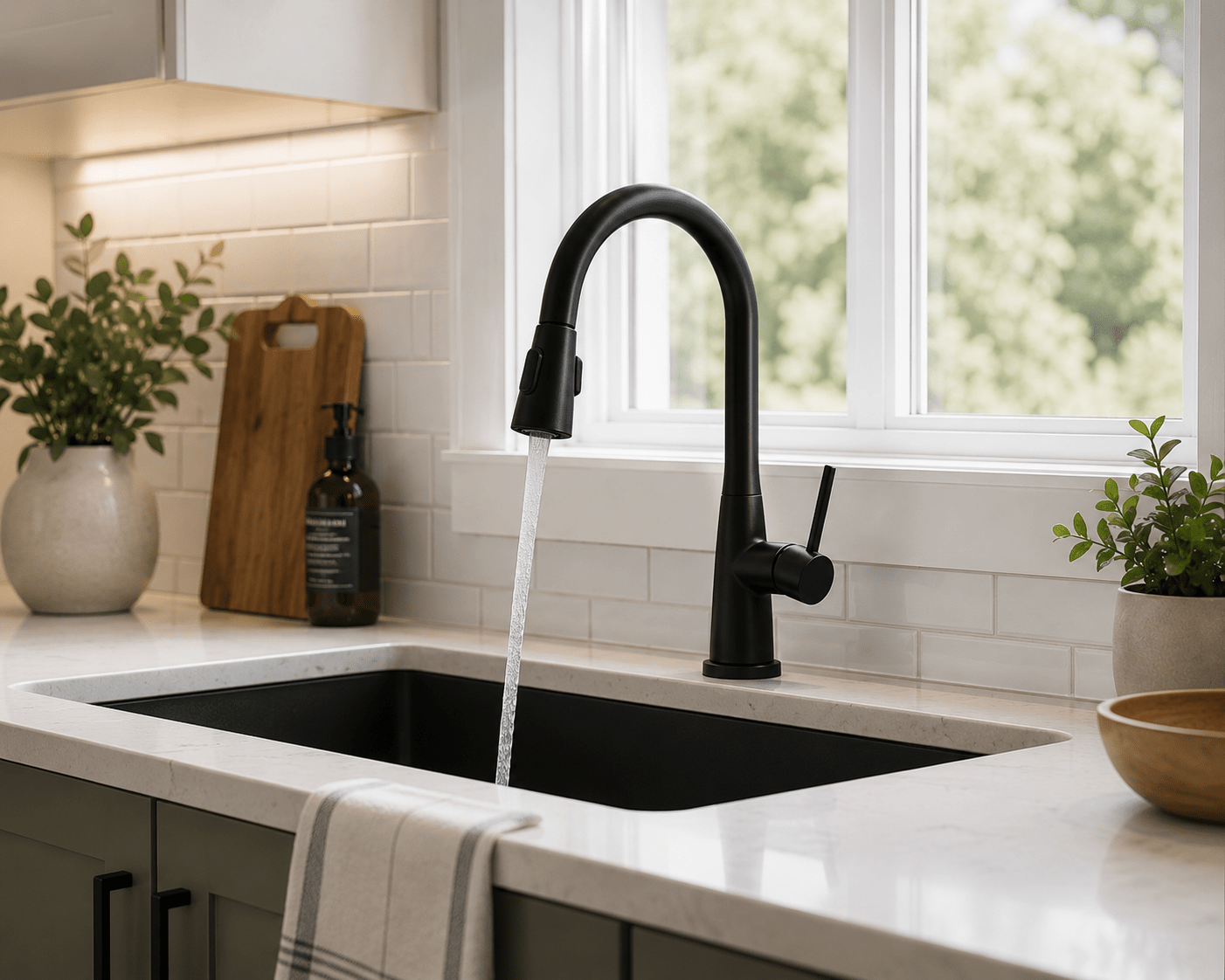 Modern black kitchen faucet upgrade improving the look of a sink area