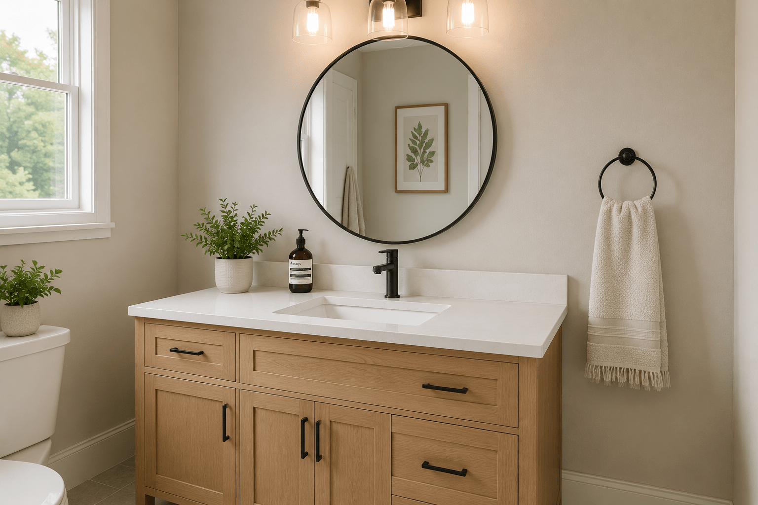Freshly painted neutral bathroom wall creating a clean move-in-ready look