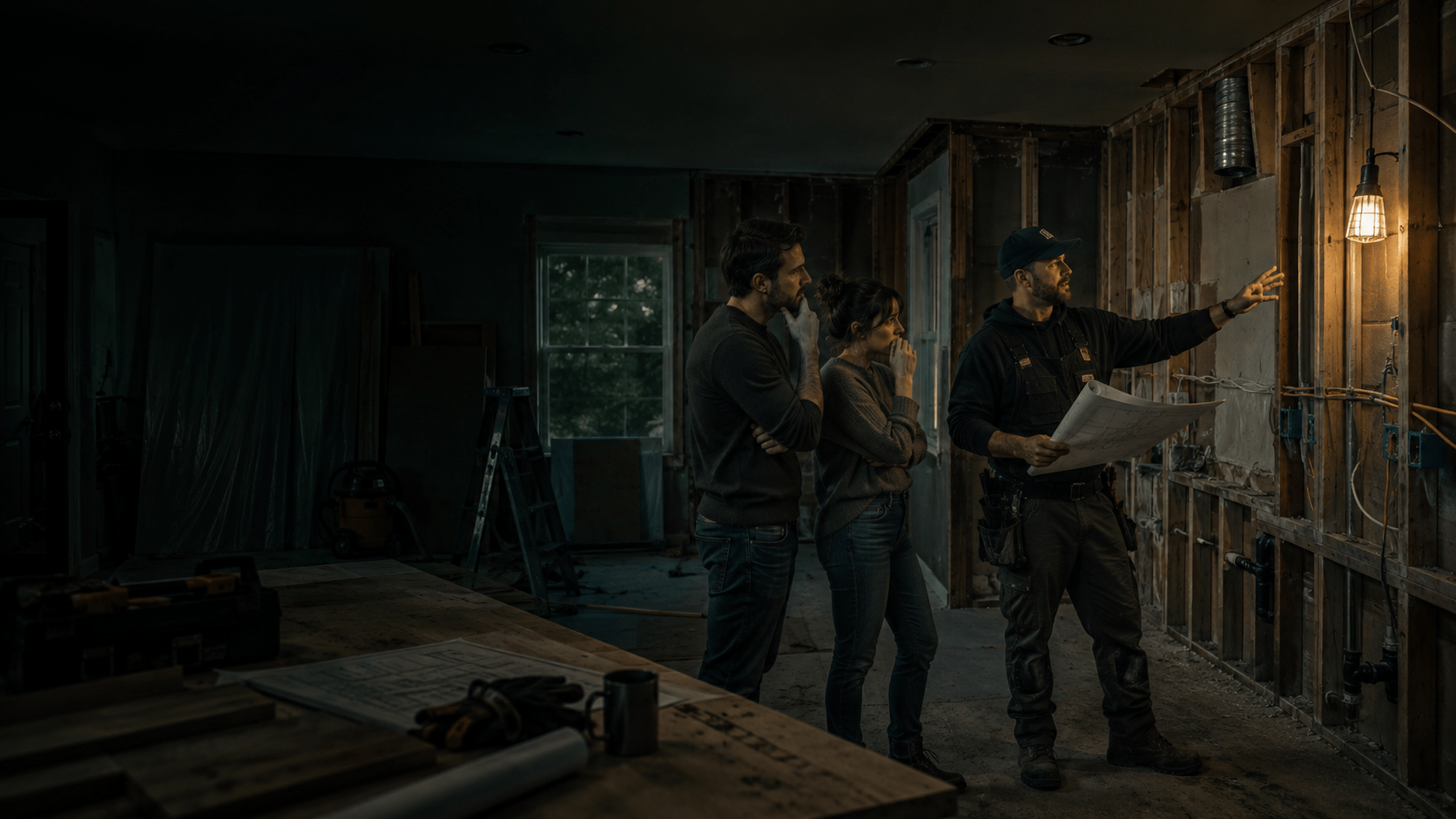Homeowners comparing a DIY kitchen renovation with hiring a professional contractor