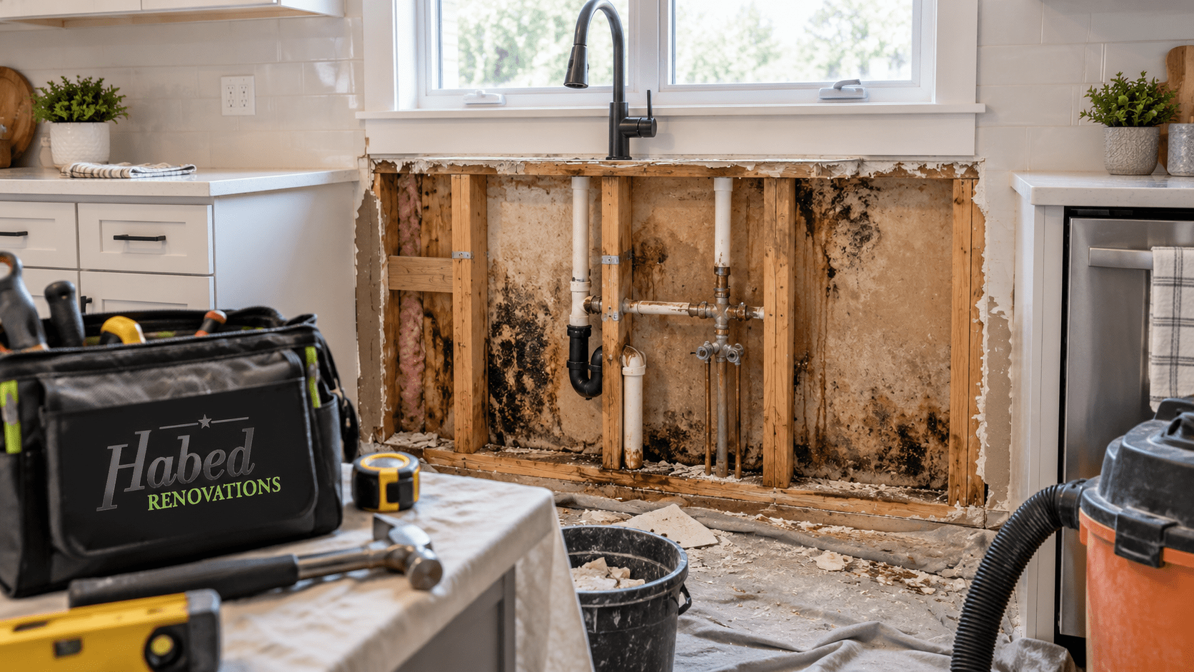 Moisture damage discovered behind drywall during a kitchen renovation