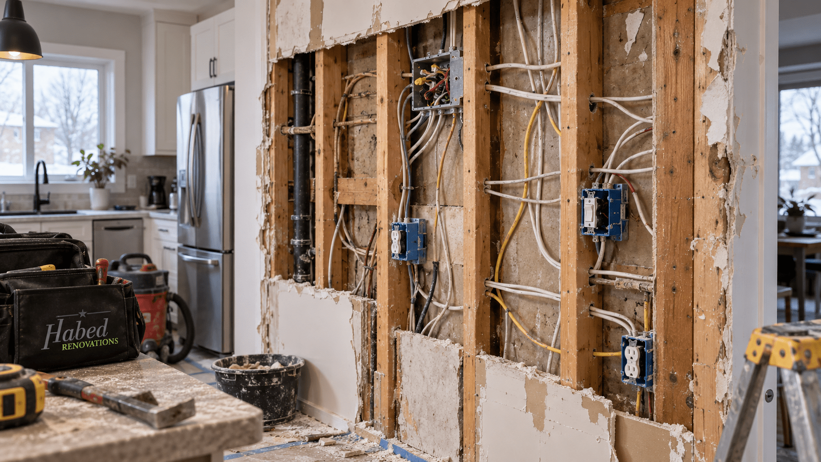 Unexpected electrical wiring discovered after opening a kitchen wall during renovation